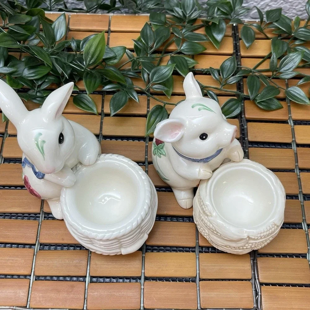 Vintage Lenox Poppies on Blue Barnyard Bunny Rabbit & Pig Votive Candle Holders